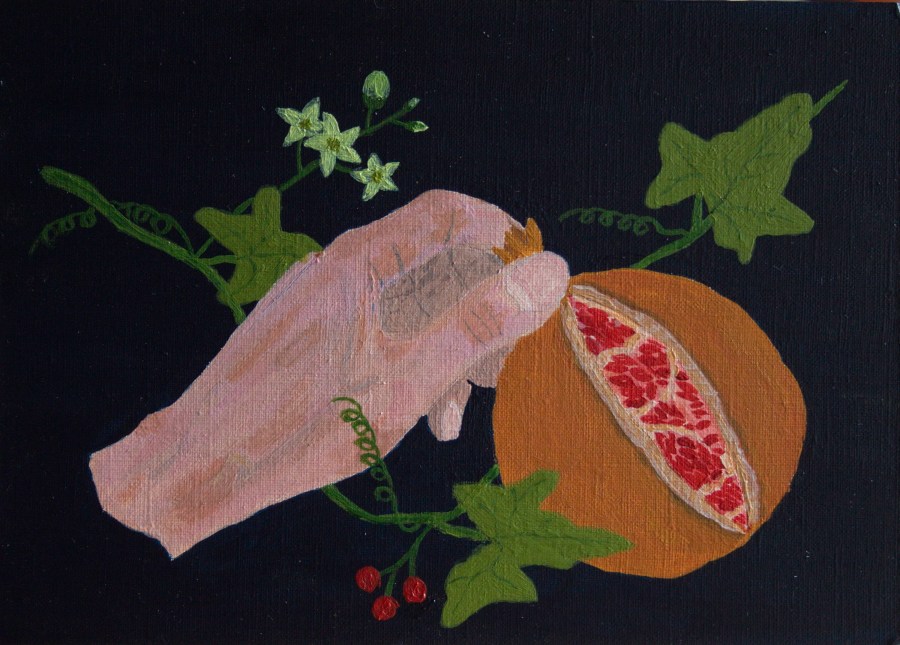 Hand met granaatappel - acryl op karton - 23 x 16,5 cm