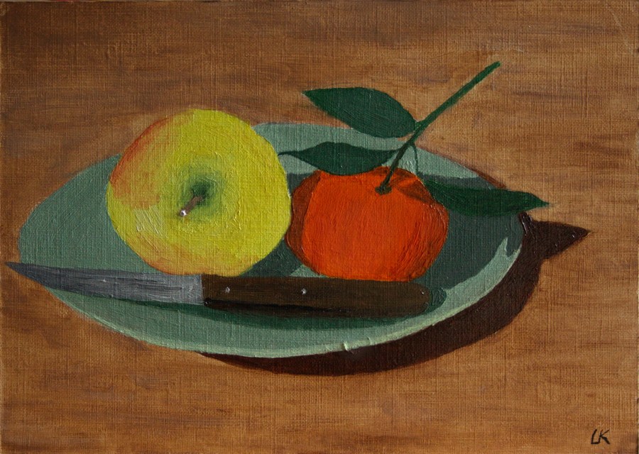Stilleven met appel en mandarijn - olieverf op karton - 23 x 16,5 cm