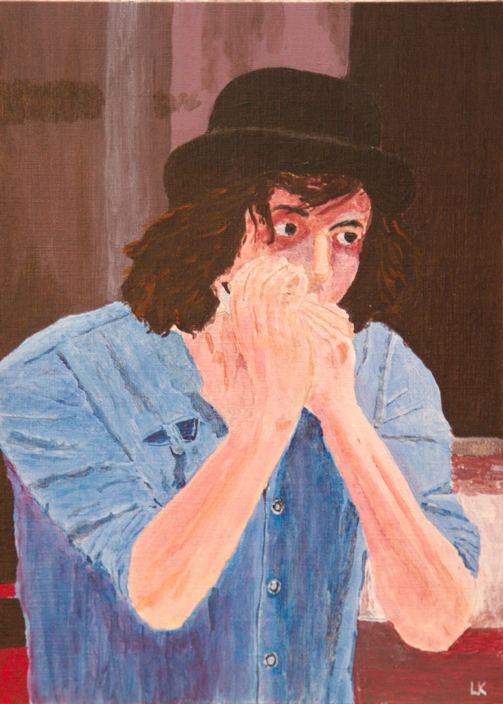 Harmonica speler - acryl op karton - 23,5 x 16,5 cm